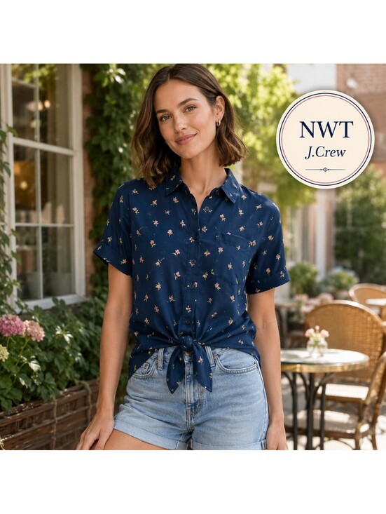 J. Crew Tops - New With Tags | J.Crew | Sz M | Mercantile Navy Floral Tie Waist Blouse